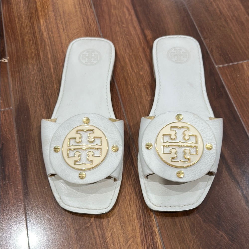 Tory Burch White Slides with Gold Emblem